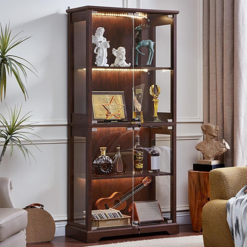 Motion Sensor Light - Walnut Glass-Door Display Cabinet with 3-Color