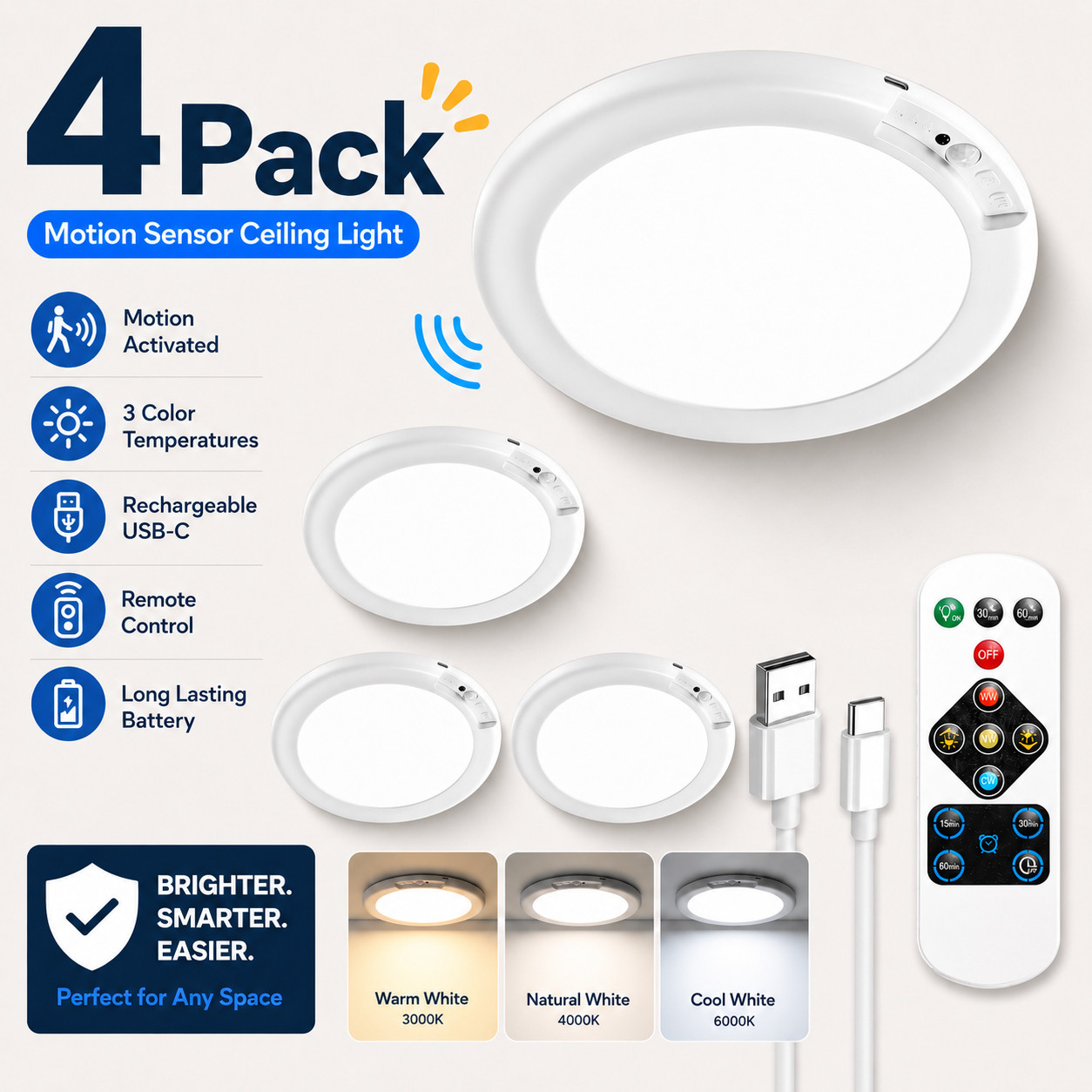 Motion Sensor Light - 4 Pack Long Battery Motion Sensor